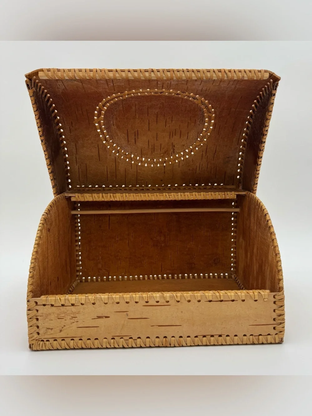 Handcrafted Birch Bark Storage Chest with Bird Carving – Rustic Folk Art